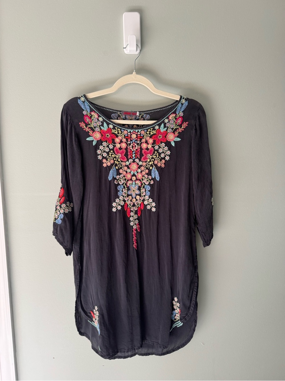Johnny Was Charcoal Gray Embroidered Floral Tunic with Multicolor Accents
